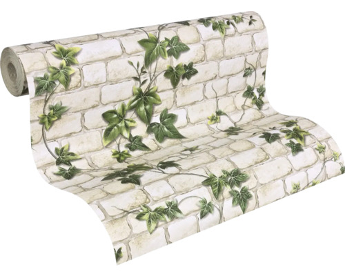 Rol behang met steen- en klimopmotief