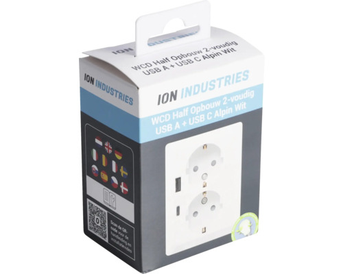 ION Industries wandcontactdoos verpakking met USB-A en USB-C aansluitingen