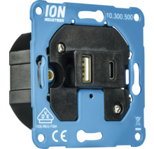 ION Industries Logo. USB-wandcontactdoos met VDE-teken en CE-markering.