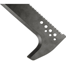 Close-up van een bijlblad met een gekartelde rand en gaten