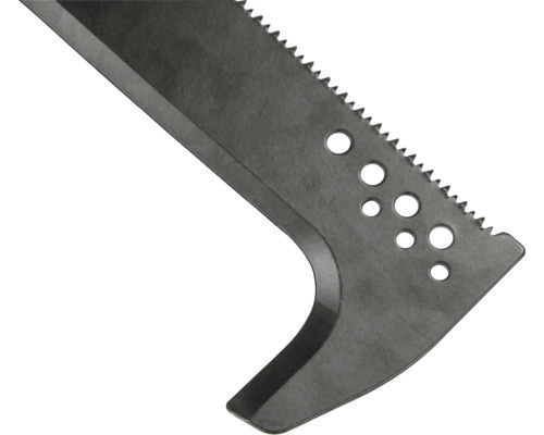 Close-up van een bijlblad met een gekartelde rand en gaten