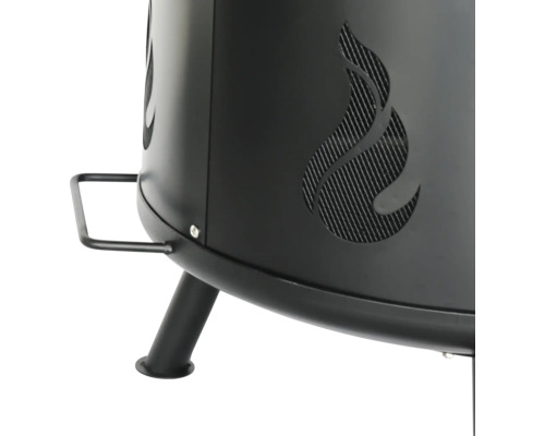 Gedetailleerde weergave van een vuurplaats met vlammotief, handgreep en poten.