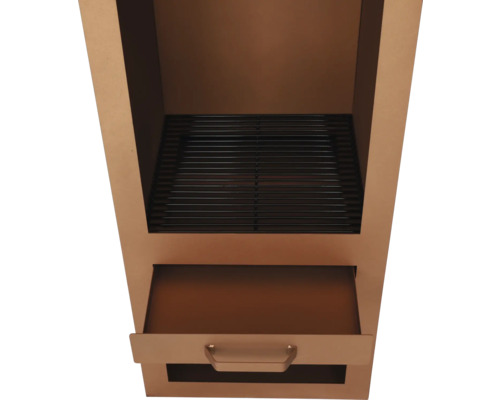 Detailopname van een barbecue met grillrooster en lade.