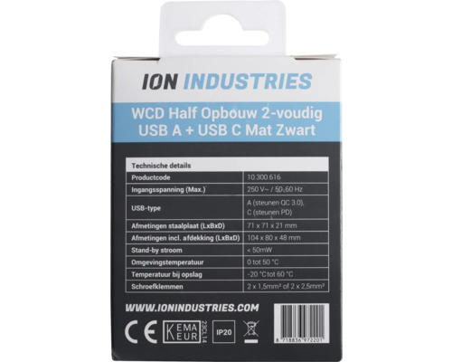 ION Industries WCD Half Opbouw 2-voudig USB A + USB C Mat Zwart verpakking