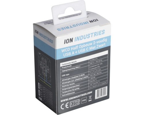 ION Industries wandcontactdoos half opbouw, tweevoudig, USB A plus USB C, mat zwart