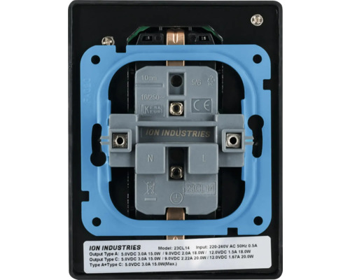 Gedetailleerde weergave van een ION Industries schakelaar met technische specificaties