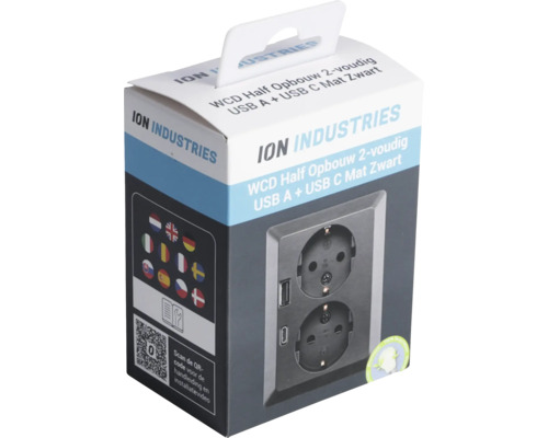 ION Industries dubbel stopcontact met USB A en USB C aansluiting, opbouwmontage, in verpakking