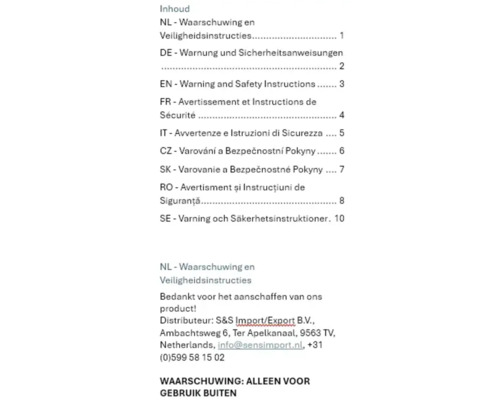 Inhoudsopgave met veiligheidsinstructies in verschillende talen
