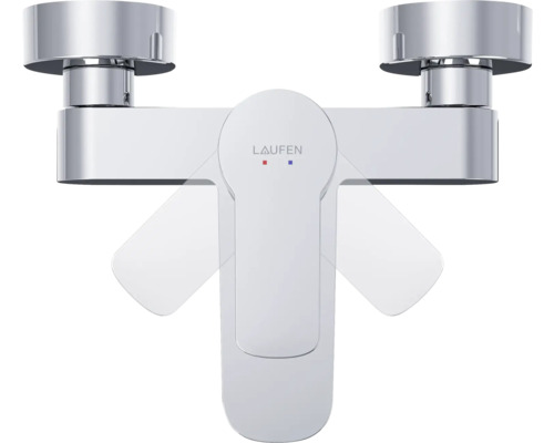 Laufen logo op een tweegreepsmengkraan