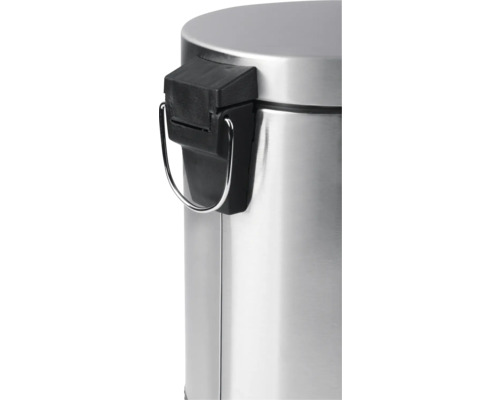 Gedetailleerde weergave van een zilverkleurige afvalemmer met een zwarte sluiting