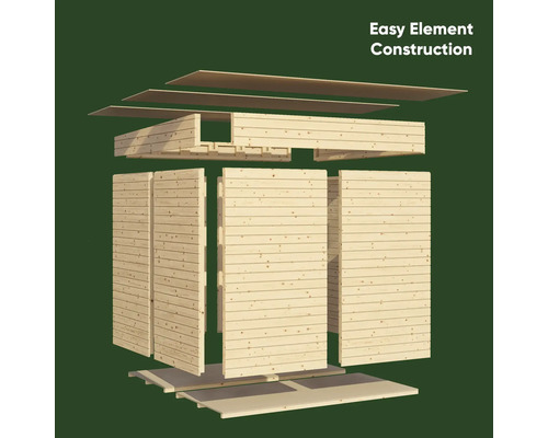 Illustratie van de eenvoudige elementconstructie van een houten tuinhuis