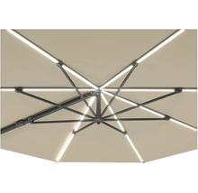 Detailopname van de parasol met LED-verlichting van onderaf