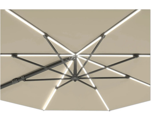 Detailopname van de parasol met LED-verlichting van onderaf