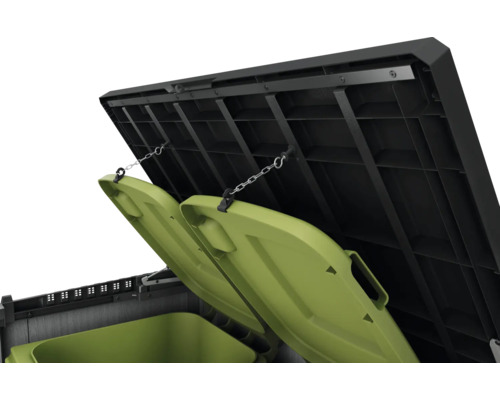 Geopende afvalcontainerbox met twee afvalcontainers