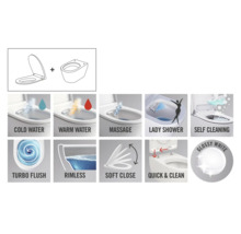 Functies van het toilet: koud water, warm water, massage, damesdouche, zelfreinigend, turbospoeling, spoelrandloos, soft close, Quick & Clean, glanzend wit