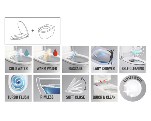 Functies van het toilet: koud water, warm water, massage, damesdouche, zelfreinigend, turbospoeling, spoelrandloos, soft close, Quick & Clean, glanzend wit
