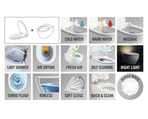 Douchewc functies: Koud water, warm water, massage, ladydouche, luchtdroging, frisse lucht, zelfreiniging, nachtlampje, turboflush, spoelrandloos, softclose, quick & clean, glanzend wit