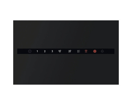 Bedieningspaneel van een afzuigkap met symbolen voor vermogensstanden en functies