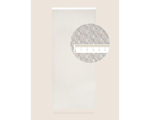 Close-up van een rolgordijn met patroon en maatverdeling in centimeters