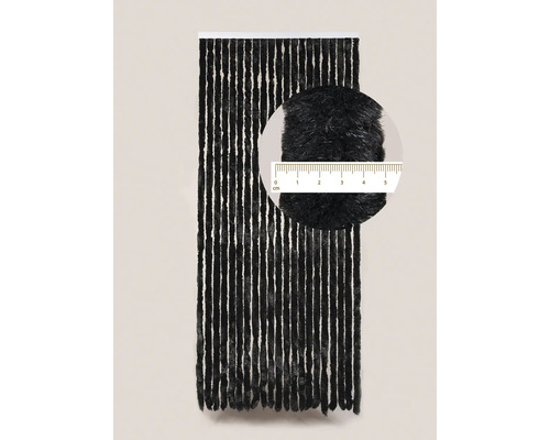 Gordijn van polyester banden met detailopname en maataanduiding