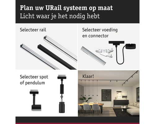 Urail systeem productoverzicht met rails, voeding, connector en spot of pendel.