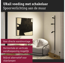 Een wandgemonteerd URail-verlichtingssysteem met schakelaar in een kamer, naast een stoel.