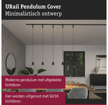 URail pendelarmatuur met vijf lampen boven een eettafel in een heldere kamer.