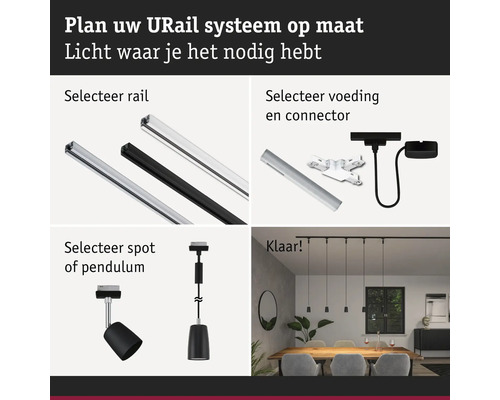 Urail systeem op maat samenstellen: rail, voeding, connector, spot en pendel.