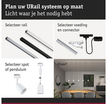 Urail systeem configuratie: rails, voeding, connector, spot en pendel.