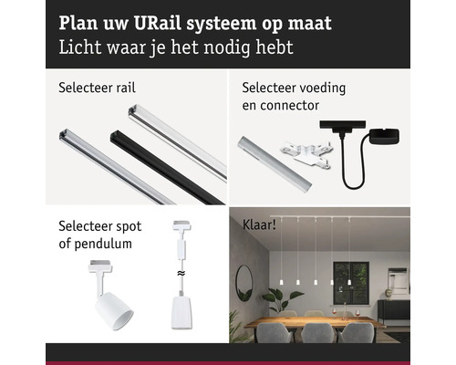 Urail systeem configuratie: rails, voeding, connector, spot en pendel.