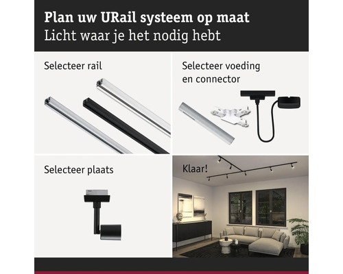 U-Rail systeem configurator met rails, voeding, connectoren en plaatsingsmogelijkheden