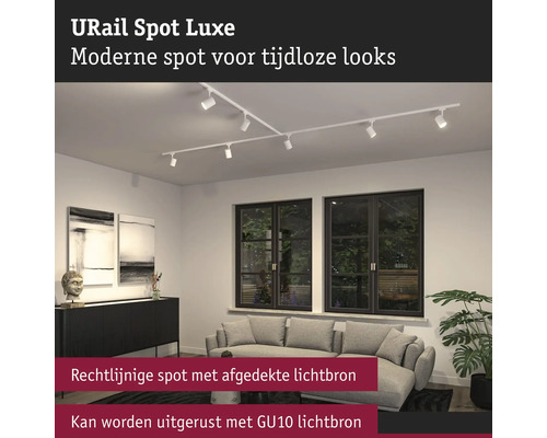 URail Spot Luxe railsysteem met meerdere spots in een woonkamer.