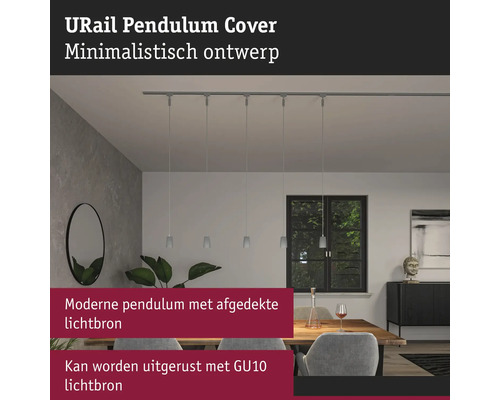 URail pendelarmatuur met meerdere lampen boven een eettafel in een modern interieur