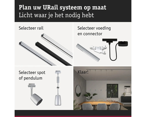 Urail systeem configuratie met rails, voeding, connector, spot en pendel lamp.