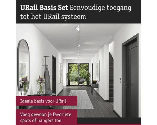 Urail basisset in een hal met Urail systeem voor verlichting.