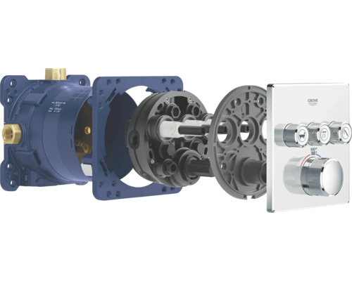 Explosietekening van een Grohe inbouwthermostaatkraan voor douche en bad.