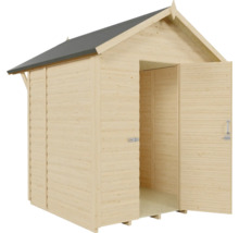 Houten tuinhuis met openstaande dubbele deur