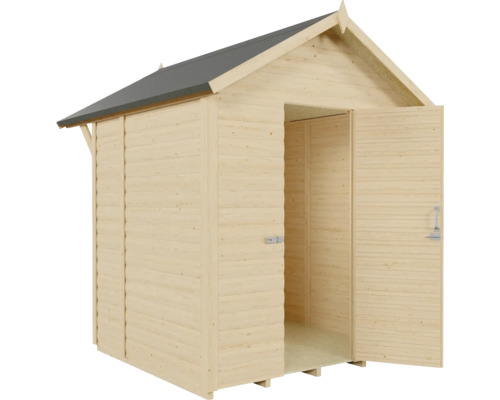Houten tuinhuis met openstaande dubbele deur