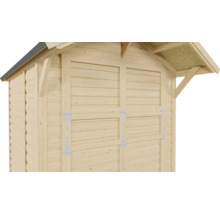 Detailopname van een houten tuinhuis met dubbele deur en zadeldak
