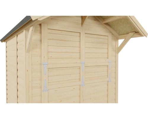 Detailopname van een houten tuinhuis met dubbele deur en zadeldak