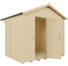 Houten tuinhuis met open deuren