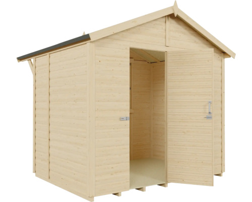Houten tuinhuis met open deuren