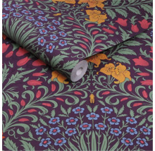 Behang met bloemmotief in paars, geel en groen