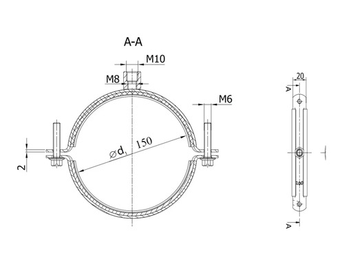 Technische tekening van een buisklem met afmetingen 150 mm diameter, M6, M8 en M10 schroefdraad