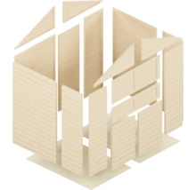 Houten bouwpakket voor een tuinhuis met verschillende houten onderdelen.