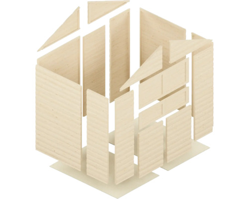 Houten bouwpakket voor een tuinhuis met verschillende houten onderdelen.