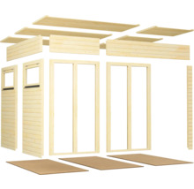 Houten bouwpakket met houten deuren, houten ramen, houten wanden en houten dak