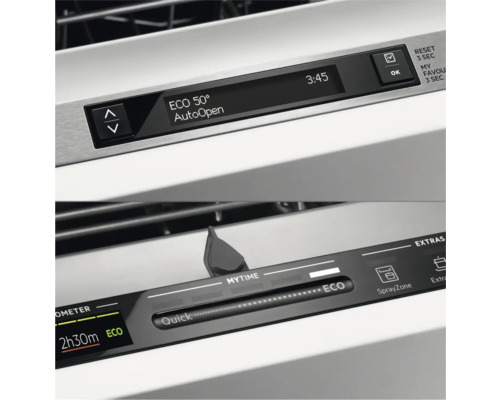 Close-up van het bedieningspaneel van een vaatwasser met display en programmakeuze