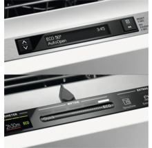 Close-up van het bedieningspaneel van een vaatwasser met verschillende instellingen zoals de Eco-modus en tijdregeling