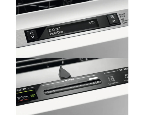 Close-up van het bedieningspaneel van een vaatwasser met verschillende instellingen zoals de Eco-modus en tijdregeling